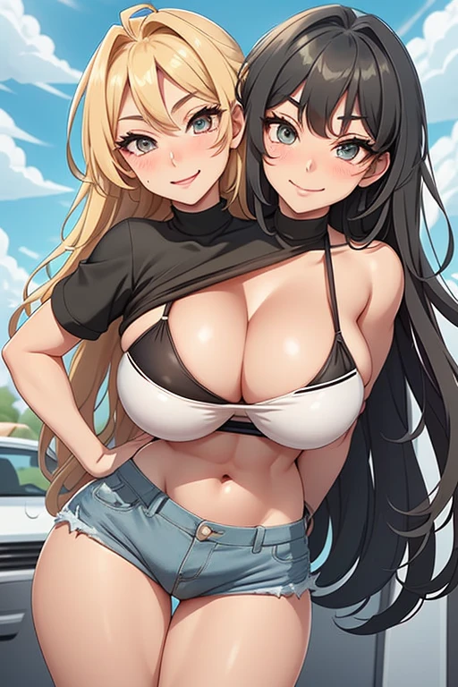 2heads, tall thin woman with 2 heads. Four breasts. Massive breasts. Mature. At a music festival. Drinking a beer. Wearing tiny bikini top. Wearing ripped jean shorts. Deep cleavage. Messy hair. Happy. Smiling. Blushing. Cool expression, smug. Thick eyeshadow. Seductive. Huge thighs. Extremely huge breasts. Girlfriend.