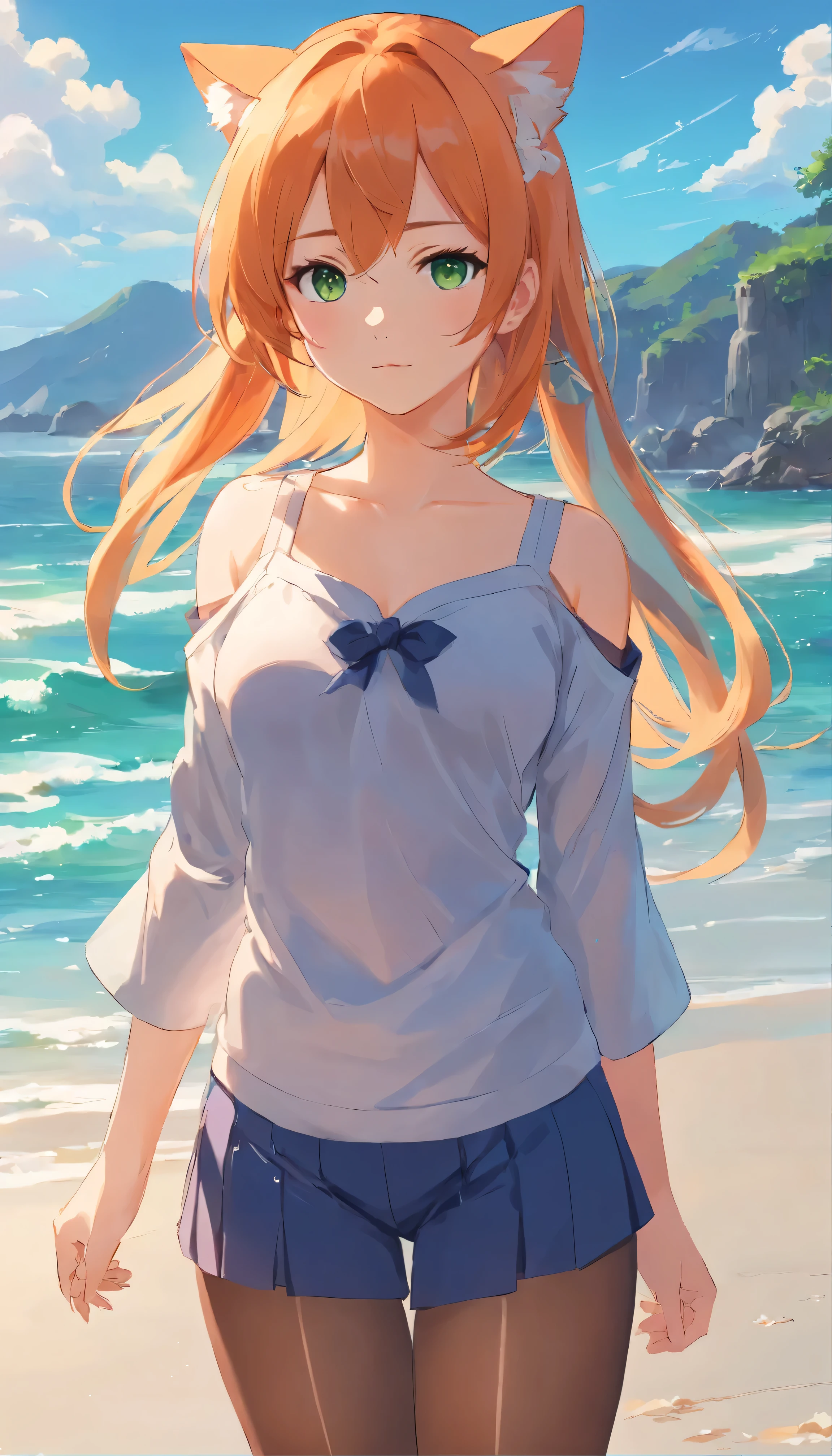 anime girl with long orange hair standing on beach near ocean, green eyes detailed digital anime art, cat ears, , anime girl with long hair, smooth anime cg art, anime girl with long hair, digital anime art, artwork in the style of guweiz, beautiful anime portrait, photorealistic anime girl render, beautiful anime girl, advanced digital anime art, pantyhose, guweiz on artstation pixiv upscale HD UHD HQ
