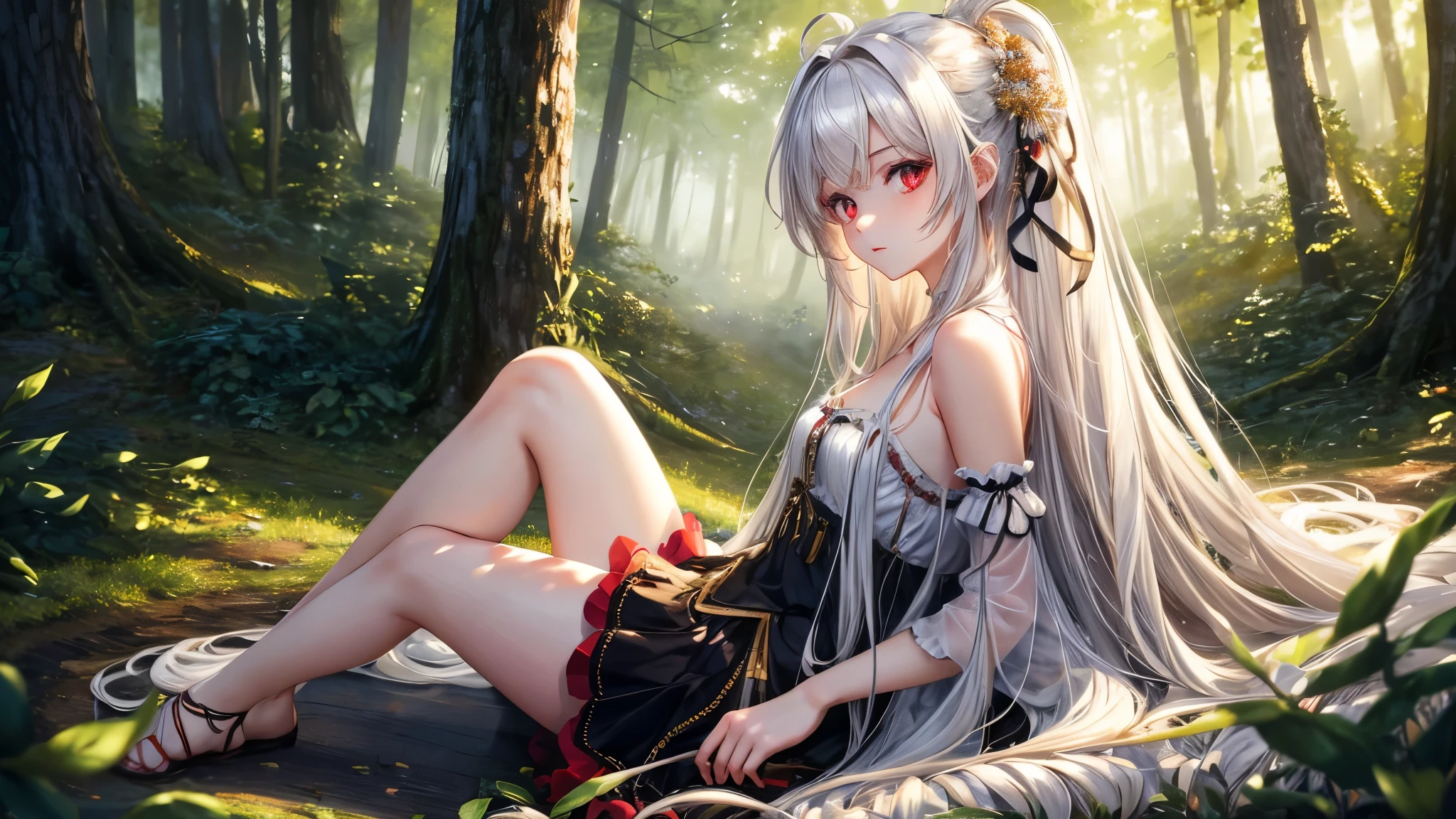 ((masterpiece)), (High resolution), (highest quality), (super detailed), (figure), original, Highly detailed 8K wallpaper, ((1 girl)), (very delicate and beautiful), forest, sunlight, particles of light, ,cute, ((messy hair)), very long bright white hair, red eyes, bare shoulders ,delicate legs, black skirt ,looking at the viewer, Looks straight into your eyes, her gaze is directed at you, sitting,from the side from the side, small breasts,
