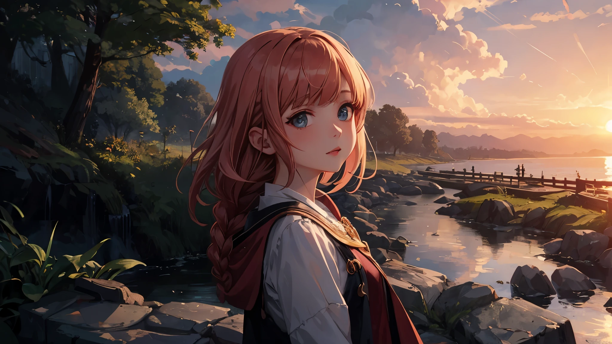 (masterpiece misguided style, best quality, dusk:1.3), a cute irish girl, portrait-type, copper, chubby, , gray waterfall braid, sunset background, Exquisite, trending on CGSociety