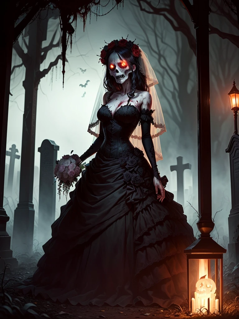 (extremely detailed monstrous bride,spooky cemetery scene, pitch-black night,creepy location,blood-drenched dress,disturbing skin and gaze)(best quality,horrifying atmosphere), (dark,macabre,grim) tones,(eerie,mysterious) lighting