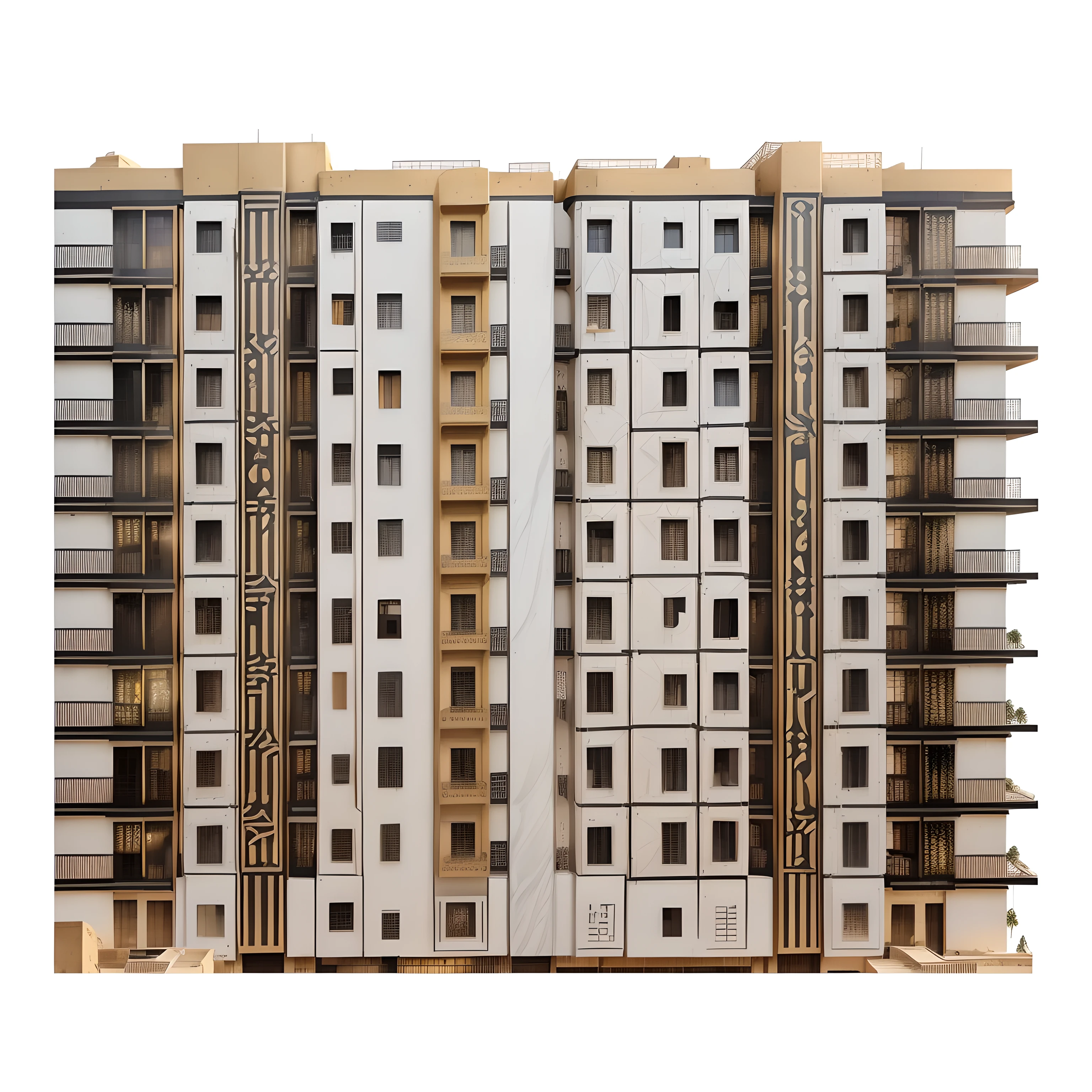 "Imagine a contemporary urban landscape where the allure of ancient Egypt meets the sleek aesthetics of modern design, with a prominent touch of Mashrabiya influence. Picture skyscrapers adorned with intricate latticework façades, reminiscent of traditional Mashrabiya screens, filtering sunlight into bustling city streets below. Within this metropolis, fashionistas flaunt bold ensembles blending Pharaonic motifs with contemporary silhouettes, while sleek gadgets infused with ancient mystique fill the shelves of high-tech stores. Against the backdrop of the Nile's gentle flow, the city pulsates with energy, a testament to the harmonious fusion of modernity and the timeless elegance of Pharaonic heritage."