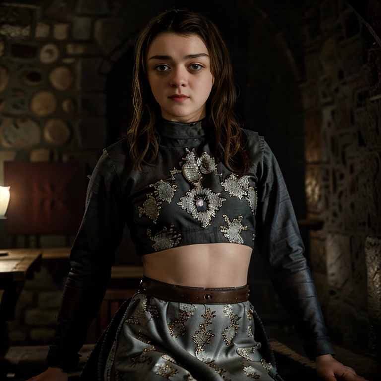 Masterpiece, best quality, detailed face, Arya Stark, sexy dress, midriff, in a medieval room, looking at viewer, sexy smirk face