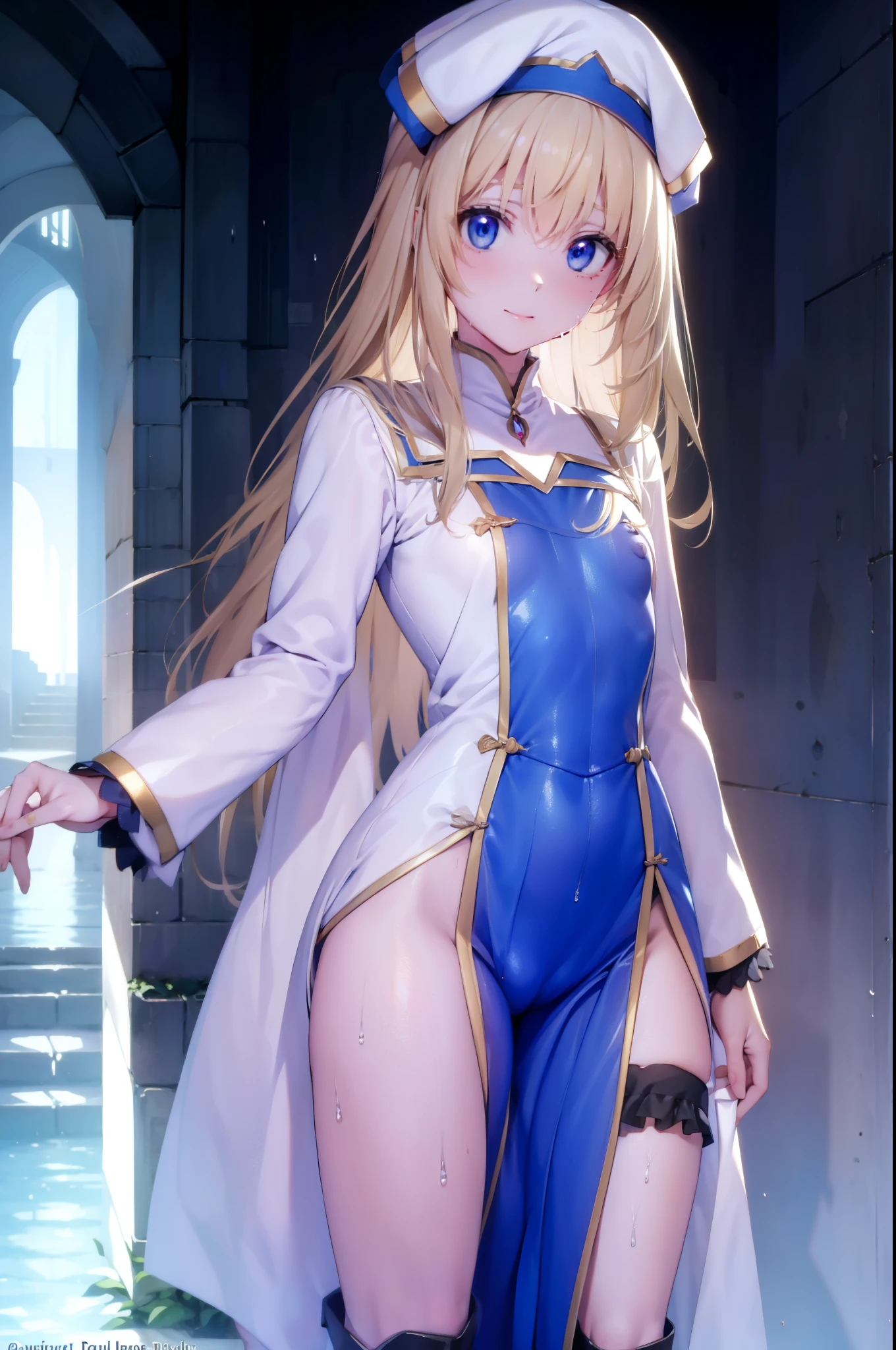 Priestessess, Priestessess, Blonde, blue eyes, Long Hair, Hair between the eyes, (Small breasts:1.0), smile, break boots, dress, Frills袖, Frills, Have, White Hat, Pelvic Curtain, High heels, Robe, Thigh-high boots, Knee socks, white Knee socks, Long sleeve, Puffy sleeves, break looking at viewer, break indoors, church, break (masterpiece:1.0), highest quality, High resolution, unity 8k wallpaper, (figure:0.8), (Beautiful fine details:1.0), Highly detailed face, Perfect lighting, Highly detailed CG, (Perfect hands, Perfect Anatomy),((Soaking wet))、((Wet clothes))、((Wet, see-through clothing))、((Wet clothes that stick to the body))、((Wet clothes that reveal the contours of the body))、((Long Breasts))、((Saggy breasts))