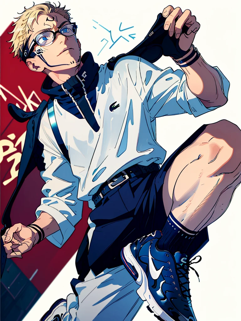 ((Young Blond Man with Blue Eyes Wearing Black Glasses, Air Max Plus 3 in Black, Lacoste Rose Outfit with Chabrand Sack)), High Quality, 1 man, Blond hair, Blue eyes, Wearing black glasses, Running shoes - Air Max Plus 3 in black, Lacoste rose outfit, Chabrand satchel, Detailed textures, Sharp edges, Realistic, Cinematic lighting, Dynamic shadows, (Masterpiece), (1.5), (Detailed wardrobe:1.0), Black glasses adding depth to the eyes, Focus on the Lacoste outfit and Chabrand satchel, Shiny sneakers, Clean lines, Real