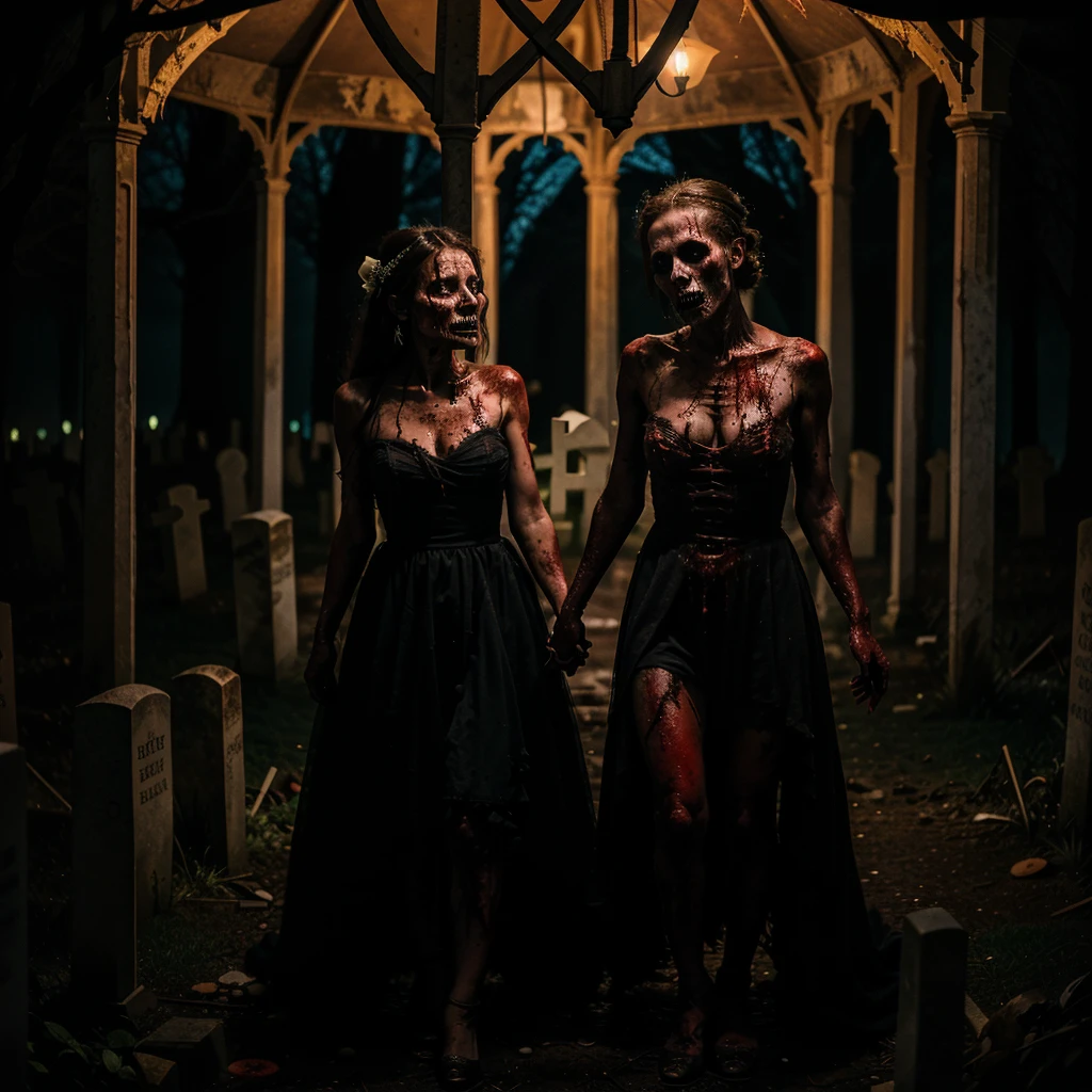 (extremely detailed monstrous bride,spooky cemetery scene, pitch-black night,creepy location,blood-drenched dress,disturbing skin and gaze)(best quality,horrifying atmosphere), (dark,macabre,grim) tones,(eerie,mysterious) lighting