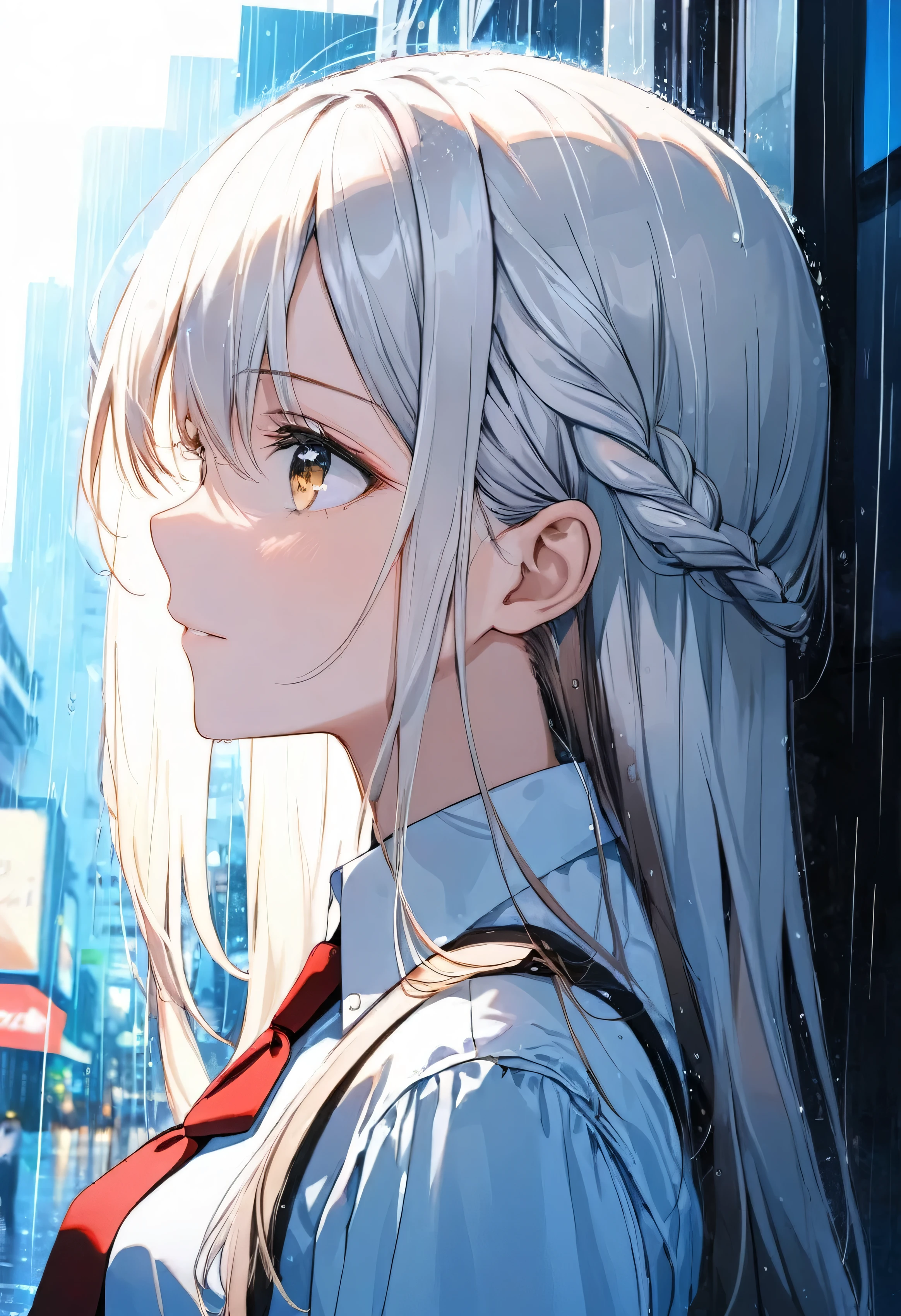 One girl, profile, When you look to the side, Depth of written boundary, Long Hair, French Braid, Straight hair, Portraiture, Modern City, blouse, Brown Hair, look up, rain, raindrop, Lens flare, sunlight, eyeliner, eye shadow, masterpiece, highest quality、White Hair