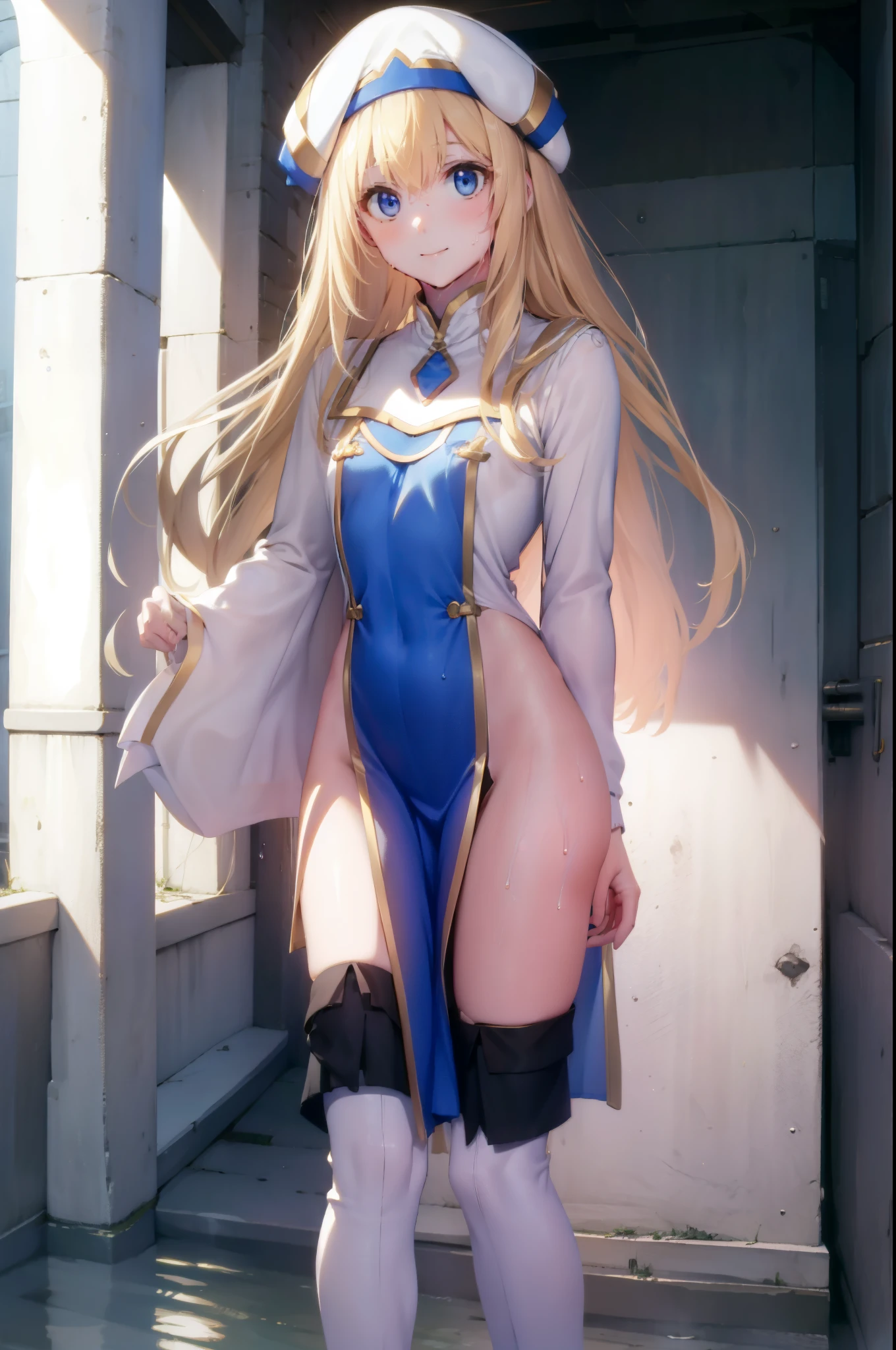 Priestessess, Priestessess, Blonde, blue eyes, Long Hair, Hair between the eyes, (Small breasts:1.0), smile, break boots, dress, Frills袖, Frills, Have, White Hat, Pelvic Curtain, High heels, Robe, Thigh-high boots, Knee socks, white Knee socks, Long sleeve, Puffy sleeves, break looking at viewer, break indoors, church, break (masterpiece:1.0), highest quality, High resolution, unity 8k wallpaper, (figure:0.8), (Beautiful fine details:1.0), Highly detailed face, Perfect lighting, Highly detailed CG, (Perfect hands, Perfect Anatomy),((Soaking wet))、((Wet clothes))、((Wet, see-through clothing))、((Wet clothes that stick to the body))、((Wet clothes that reveal the contours of the body))、((Long Breasts))、((Saggy breasts))