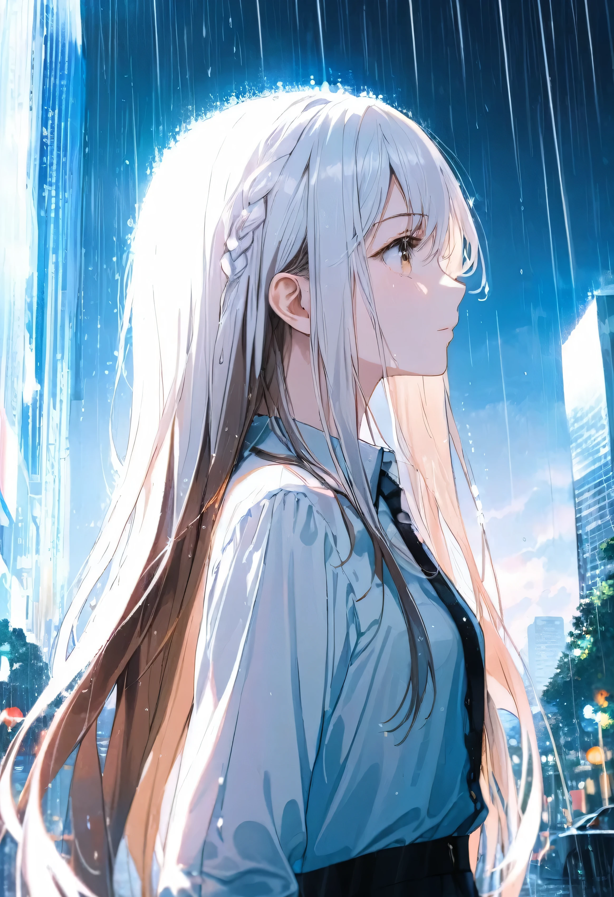 One girl, profile, When you look to the side,  Depth of written boundary, Long Hair, French Braid, Straight hair, Portraiture, Modern City, blouse, Brown Hair, look up, rain, raindrop, Lens flare, sunlight, eyeliner, eye shadow, masterpiece, highest quality、White Hair