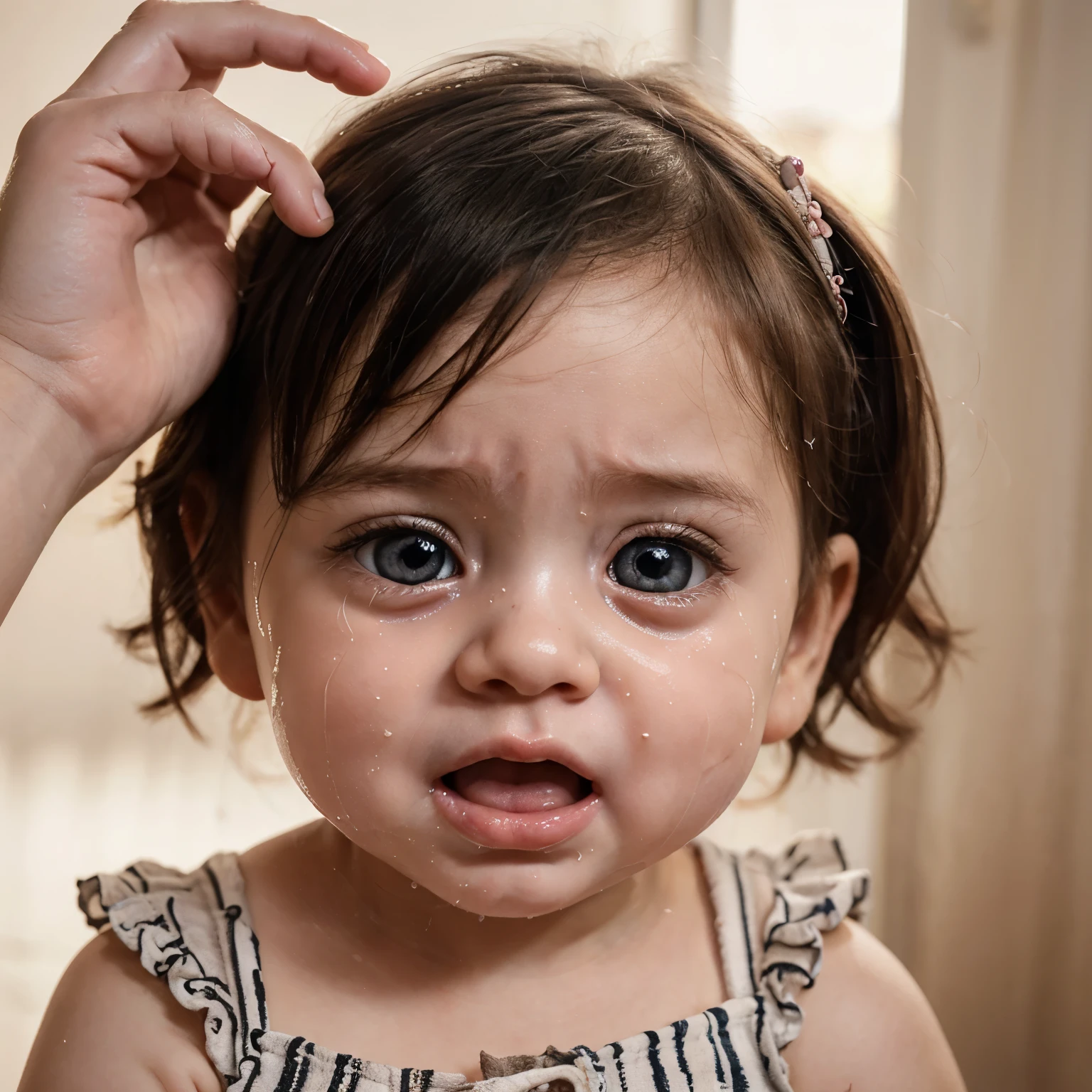 (baby crying,phone outstretched),illustration,detailed baby facial expression,beautiful detailed eyes and lips,detailed baby face,big round eyes,open mouth,crying expression,cute little hands,soft lighting,gentle color palette,emotional moment