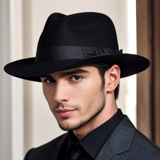 a handsome judaen man, with black clothes, and fedora hat focus on face