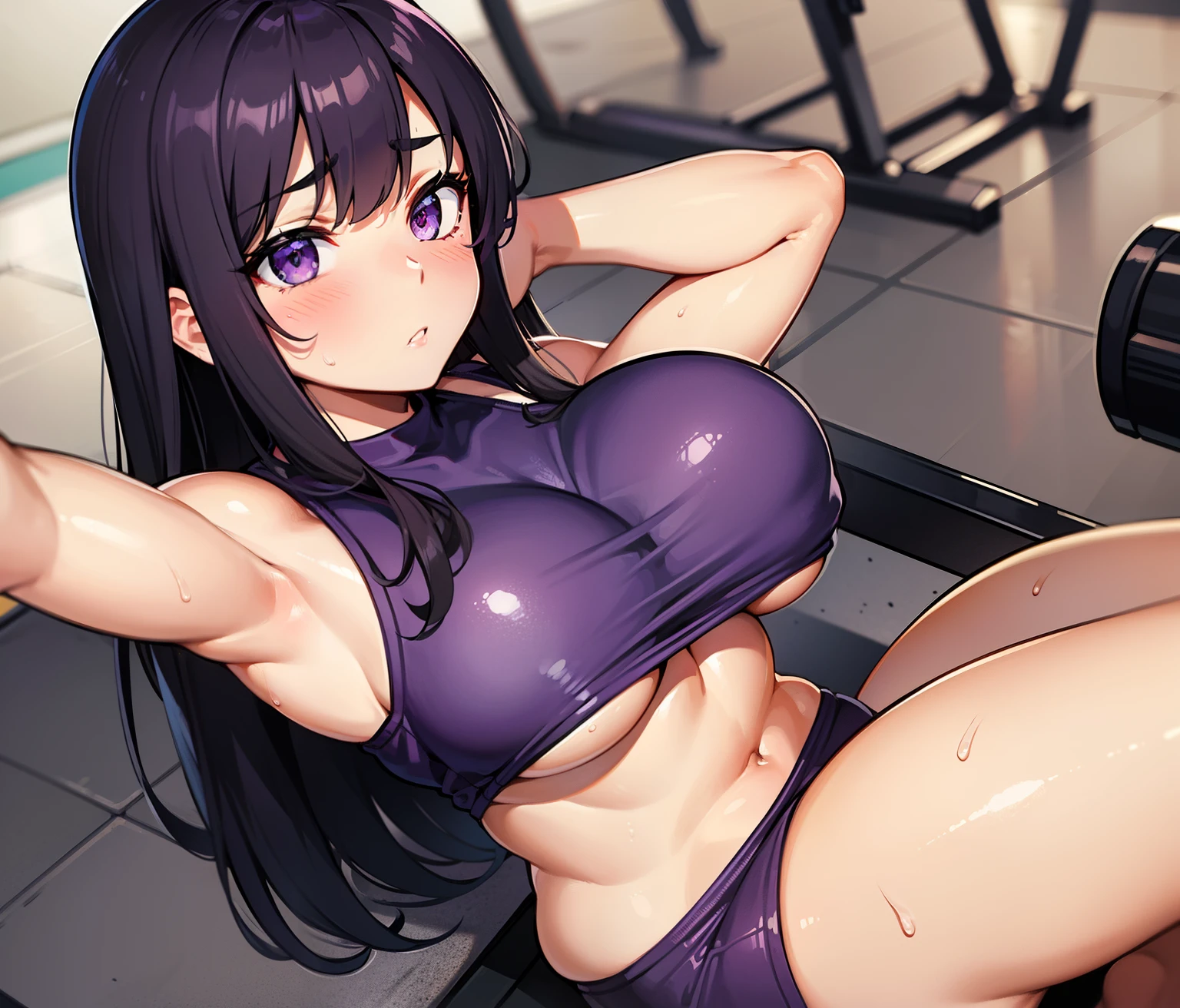 (masterpiece), best quality, expressive eyes, perfect face, gym, workout, hot, sweating, sweaty, tan, big , tan skin, flustered, blush, purple clothes, see thru, yoga pants, black hair, sitting on exercise ball, gym ball, exercise ball, curvy woman , black hair , straight hair, purple eyes, emberased, purple hair, purple eyes , ultra hd,