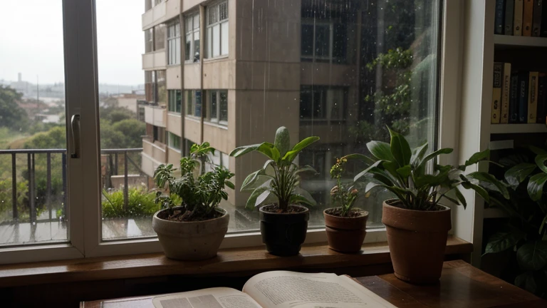 Lots of rain an extremely close up photo of a large window full of plants and books overlooking a stunning and breathtaking natural setting, night time, (chuvoso) em uma noite muito chuvosa