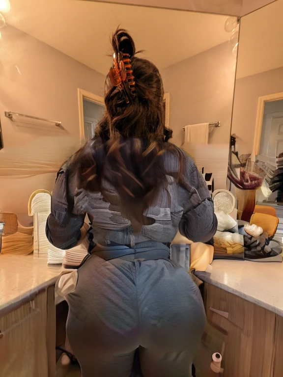 there is a woman standing in a bathroom with a large mirror, view from the back, full growth from the back, in full growth from the back, shot from the back, elaborate hair worn up, photo from the back, facing away from camera, facing away from the camera, photographed from the back, photo from behind, view from behind mirror, back of the hair, beautiful girl, big ass, huge ass, bbw, from behind, thick, thick thighs, wide hips, bbw, big , sideboob, giant ass, side view, big butt, round butt, tight underwear, underwear halfway off, underwear taking off, grabbing ass, ass spilling over underwear, too thick for clothes, side angle, chubby stomach, big , filipina, vpl, thick ass, max vpl