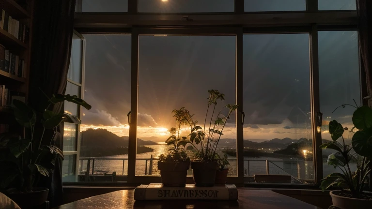Lots of rain an extremely close up photo of a large window full of plants and books overlooking a stunning and breathtaking natural setting, night time, (chuvoso) em uma noite muito chuvosa 




