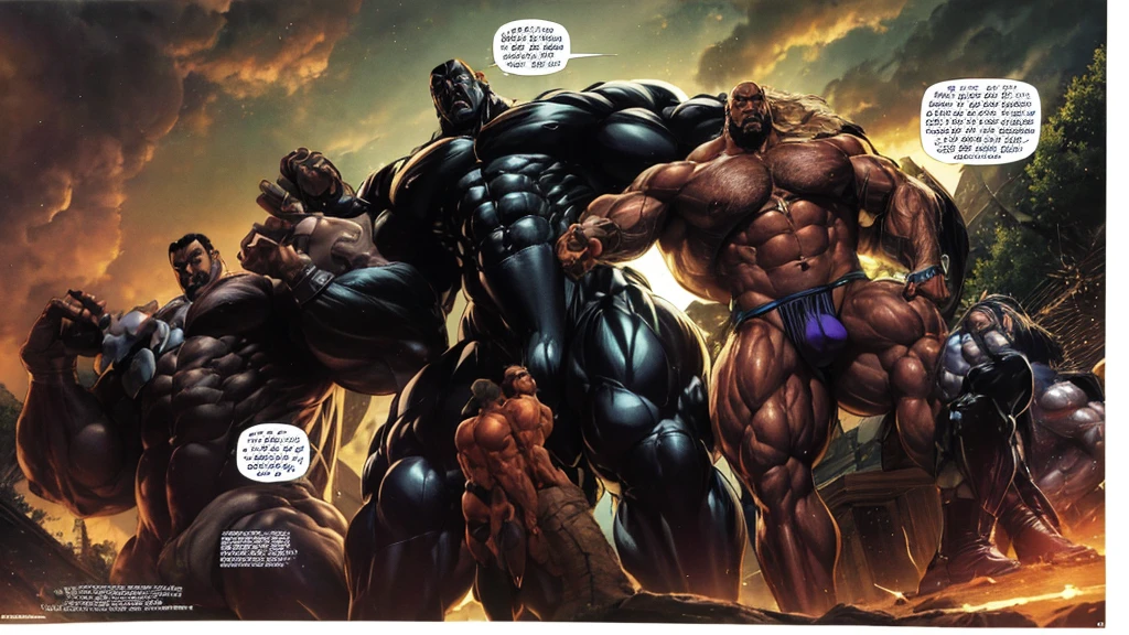 A fantasy gay sex world A black man with a hyper muscular body full black body a black man with a hairy, hypermuscular body with giant arms, muscular legs, full body, big breasts huge breasts huge asses bodybuilder only one man in the image a hairy man black body with hair manga story hero comic