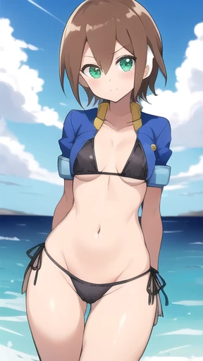 Aile_megamanzx, 1 girl, looking at viewer, Brown hair, green eyes , micro bikini , sea background
