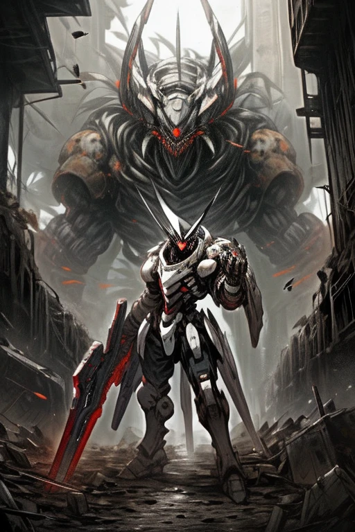 Visualize an imposing arachnoid mech, a large weaponized warmachine, dominating a dystopian future battlefield. The mech's design combines futuristic elements with arachnid features, such as multiple robotic legs and sleek, metallic armor. It stands tall and menacing, equipped with an array of powerful weapons ready for combat. The battlefield is a desolate and war-torn landscape, filled with debris and destruction, setting the scene for an intense futuristic conflict.