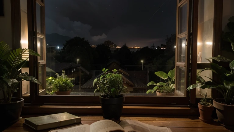 Lots of rain an extremely close up photo of a large window full of plants and books overlooking a stunning and breathtaking natural setting, night time, (chuvoso) em uma noite muito chuvosa