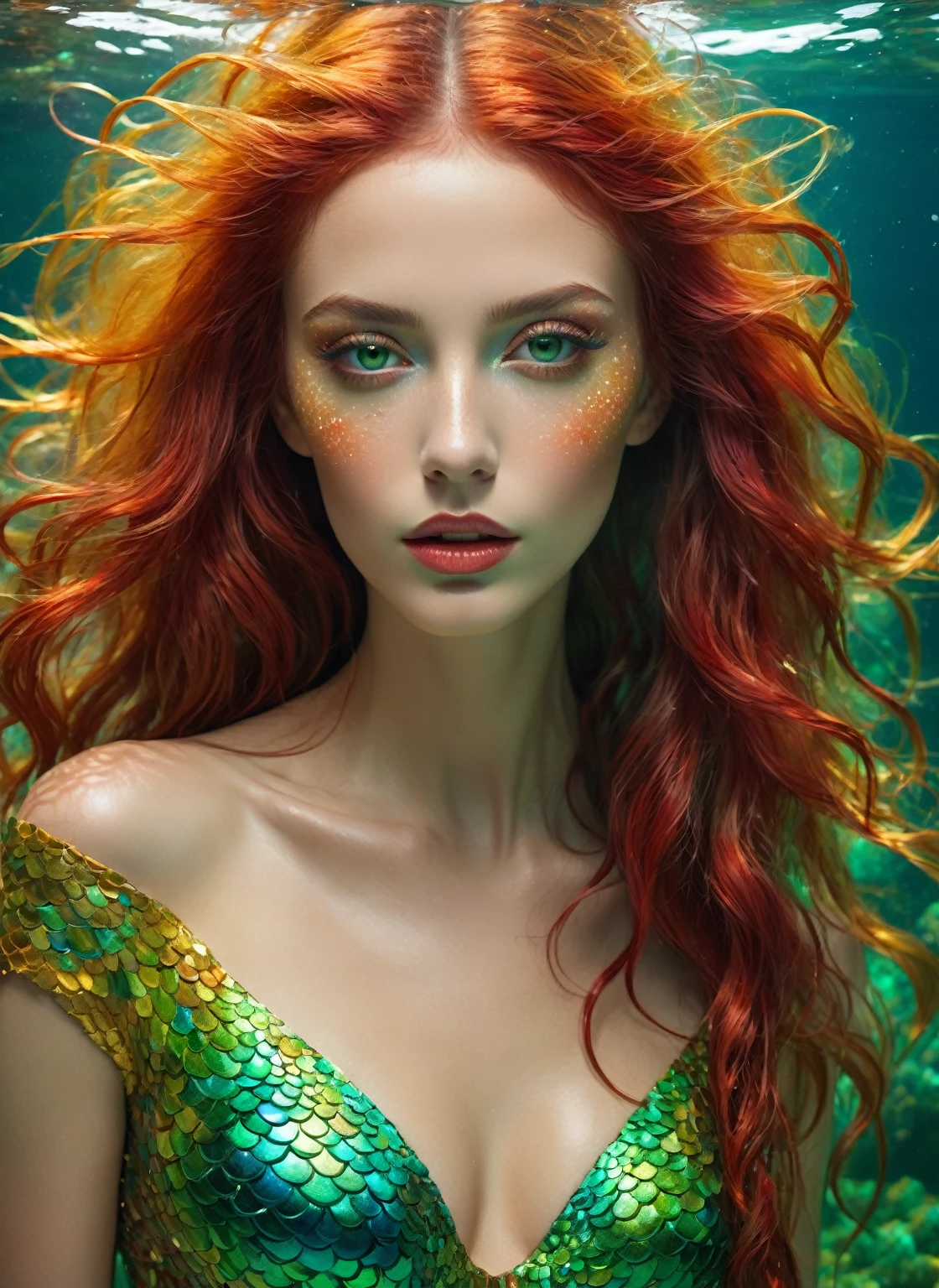 Frontal portrait of an extravagant and colorful woman who resembles a mermaid. Fair skin, young features, wide-open eyes and delicate freckles on the nose and cheeks. Vibrant, gravity-defying hair in shades of gold, green and red. Her hair transforms into aquatic flora, creating an underwater illusion. Small particles floating around the head contribute to the surreal theme of mysterious contemplation. professional color grading, soft shadows, no contrast, clean and sharp focus, film photography –q 2 –s 750; in the style of Andrew Atroshenko, Peter Gric, in neon colors, official art, best quality, highly detailed, dynamic, shiny, metallic, energy waves, explosions, lights.