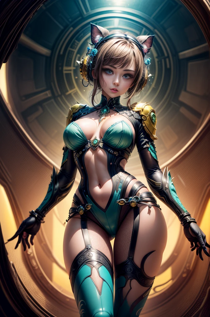 Hannah Palmer as a bodybuilder cyborg with bionic parts in your body, cyberpunk swinsuit, blue-white-lime green, Sitting cross-legged in a futuristic chair and holding a complex and strange artifact, futuristic lab, blueprint, photostudio composition, digital art, illustration concept art in the style of Artgerm and Adam Hughes