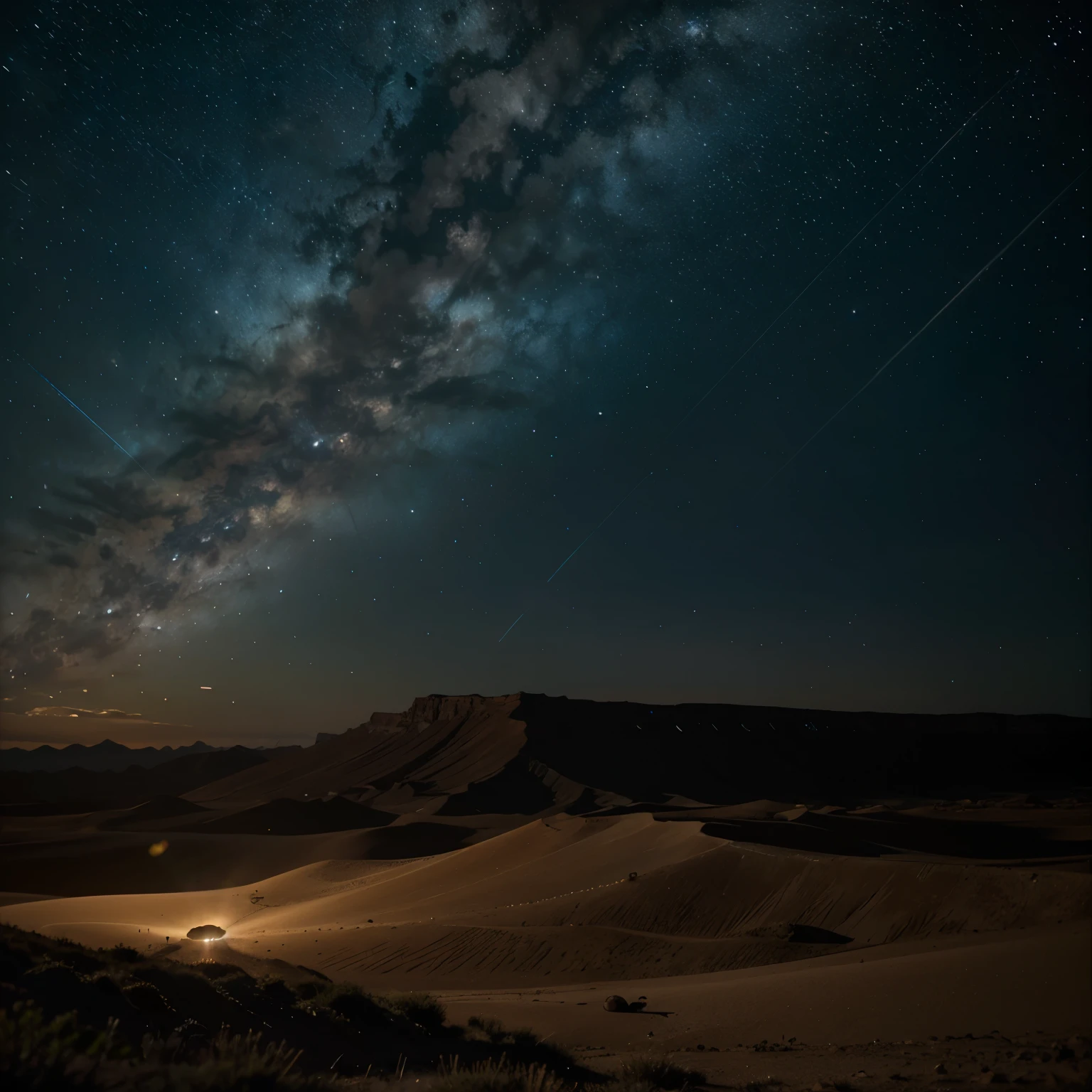 verano, desierto, Polvo esmeralda, cielo, grandes nubes, blue-cielo, universo, milkyway, planetas, Clima caliente, high definition detail, hiper detalle, kinematics, hyperrealism, Luz tenue, bokeh de enfoque de campo profundo, The distant landscape is a desierto with no end, trazado de rayos, It's surrealism. --v6
