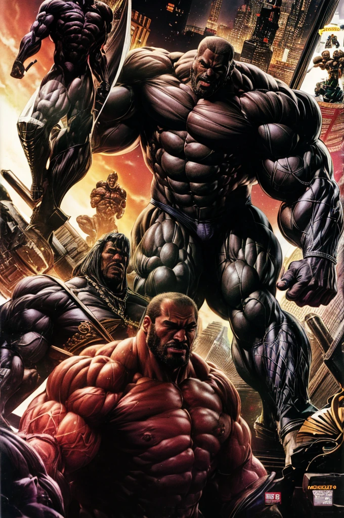 A fantasy gay sex world A black man with a hyper muscular body full black body a black man with a hairy, hypermuscular body with giant arms, muscular legs, full body, big breasts huge breasts huge asses bodybuilder only one man in the image a hairy man black body with hair manga story hero comic