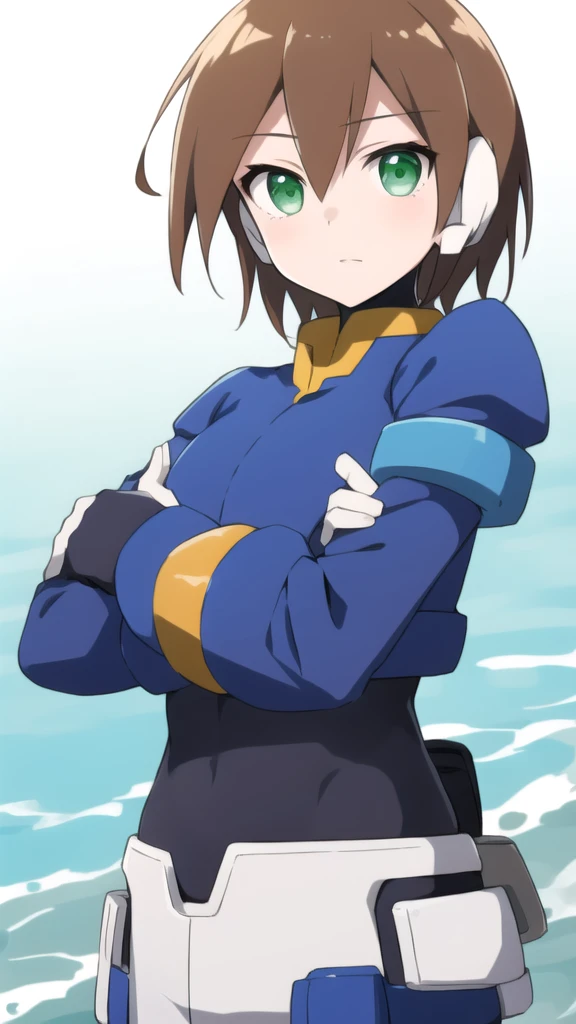 Aile_megamanzx, 1 girl, looking at viewer, Brown hair, green eyes , sea background