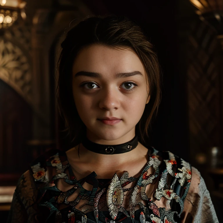 Masterpiece, best quality, detailed face, Arya Stark, sexy dress, in a medieval room, looking at viewer, sexy smirk face