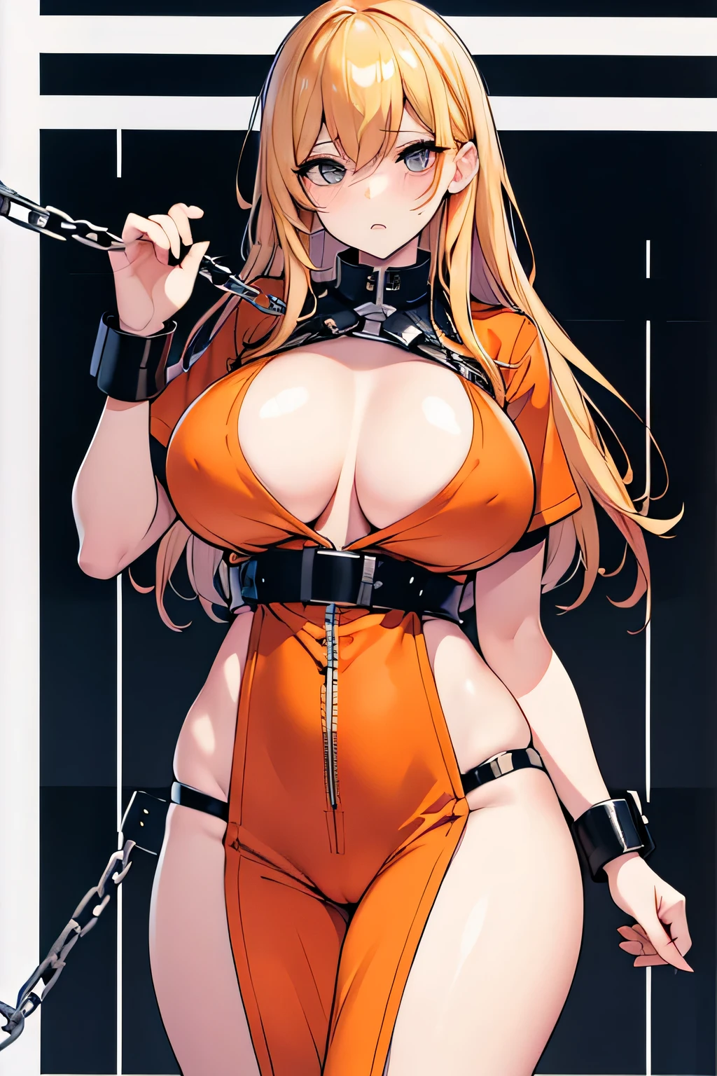 Long blonde hair, handcuffed, arrested, mature female, milf, big breasts ,40 years old , mommy character, orange prison jumpsuit, prisoner, waist chain, restraints 