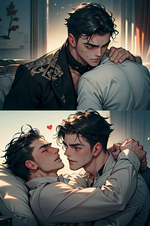 Amidst the hustle and bustle of everyday life, take a moment to witness the tender and emotional connection between two men. Their bodies intertwined in a warm embrace, their faces expressing a deep sense of affection and love. The scene is bathed in a soft, golden light, making the moment even more intimate and heartfelt. The men's eyes are locked together, reflecting a depth of emotion that words cannot express. Their touches are gentle, as if savoring every second of this special moment. Everything else in the world fades away, leaving only the two men and their heartfelt connection. It's a moment that reminds us of the beauty and power of love, regardless of gender.