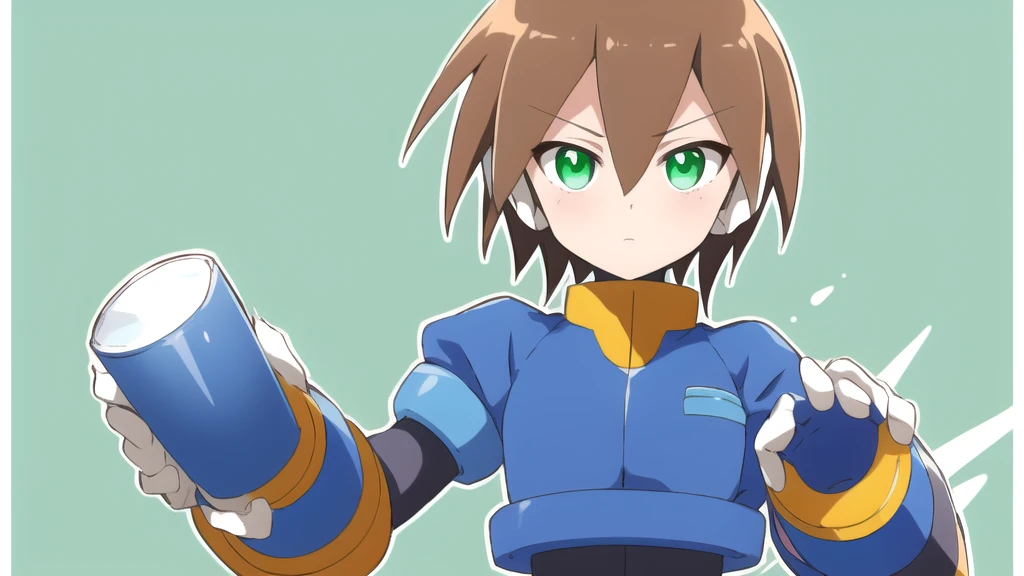 Aile_megamanzx, 1 girl, looking at viewer, Brown hair, green eyes , sea background 