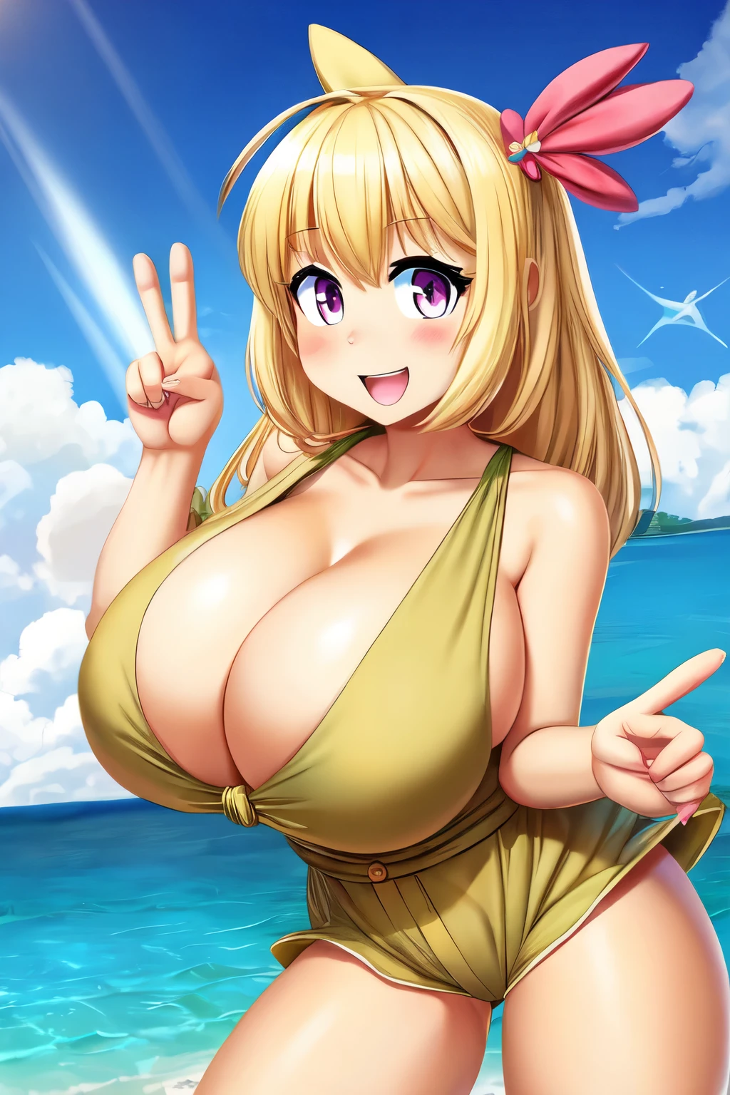 A blonde girl with enormous breasts, wearing a tan romper, making an aheago face holding up peace signs with her fingers