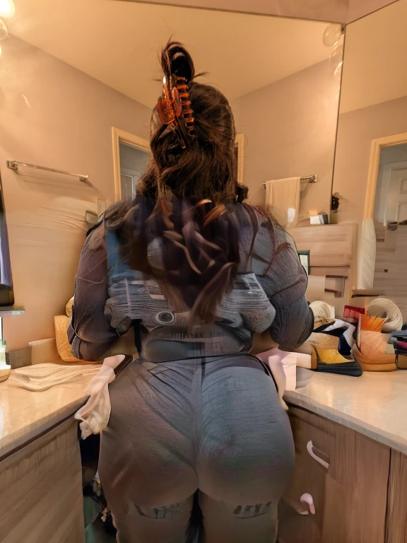 there is a woman standing in a bathroom with a large mirror, view from the back, full growth from the back, in full growth from the back, shot from the back, elaborate hair worn up, photo from the back, facing away from camera, facing away from the camera, photographed from the back, photo from behind, view from behind mirror, back of the hair, beautiful girl, big ass, huge ass, bbw, from behind, thick, thick thighs, wide hips, bbw, big , sideboob, giant ass, side view, big butt, round butt, tight underwear, underwear halfway off, underwear taking off, grabbing ass, ass spilling over underwear, too thick for clothes, side angle, chubby stomach, big , filipina, vpl, thick ass and wide frame, no dress
