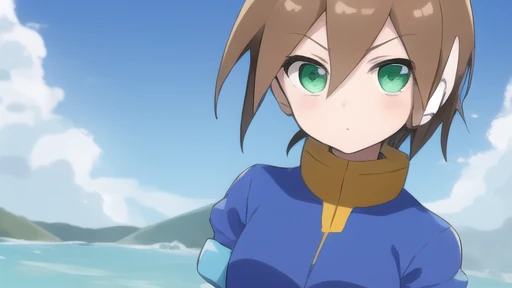Aile_megamanzx, 1 girl, looking at viewer, Brown hair, green eyes , sea background