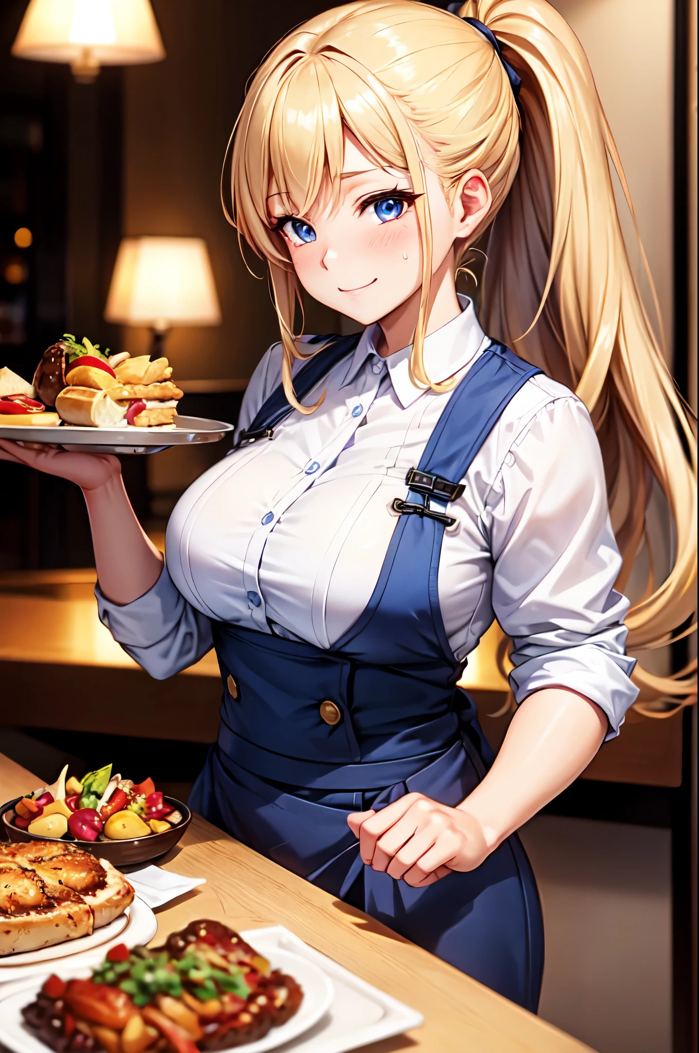 (High quality, High resolution, Fine details), restaurant, waitress, dressed in uniform, holding a tray, solo, curvy women, long ponytail, blond hair, sparkling eyes, (Detailed eyes:1.2), smile, blush, Sweat, Oily skin, Soft tones, shallow depth of field, warm lighting, bokeh