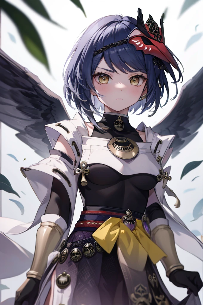 Kujou Sara, Genshin Impact, Masterpiece, high resolution, Anisotropy filter, maximum depth of field and sharpness of every surface layer, Delicate face and eyes, Long eyelashes, Cute face, waist, hair blowing in the wind, yellow eyes, gloves, Japanese clothing, outside, greyish background, BREAK bird mask, high quality
