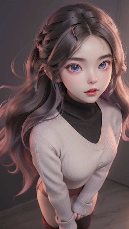 girl, long brown hair, gray eyes, sharp features, White skin, pink lips, wavy hairstyle, sweater, brown jacket, Red Light, blue eyes, red lips, a dark stage, microphone in one hand, Standing and singing, big bust,half full chest, black fishnet stockings
