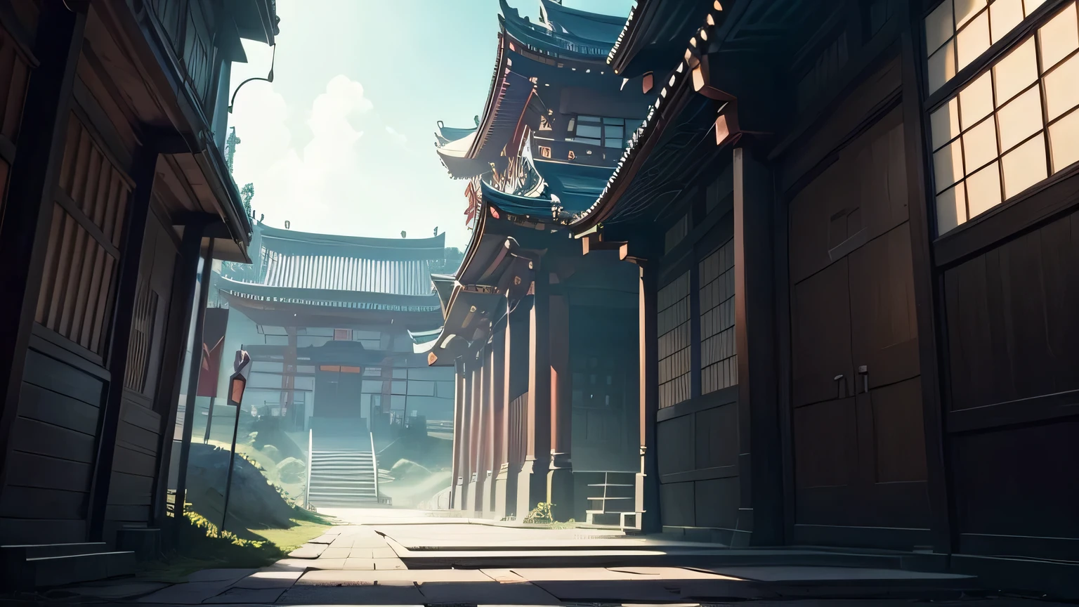 Ancient façade city gates，Ancient Chinese architecture，Chinese architecture，Chinese style buildings，the imperial palace，castle wall，Chinese palaces，Chinese tradition，Tang Dynasty Palace，Ancient palace，Higher image quality，More details are clear，Ultra-high resolution，beautiful detailed scene, beautiful anime scenes