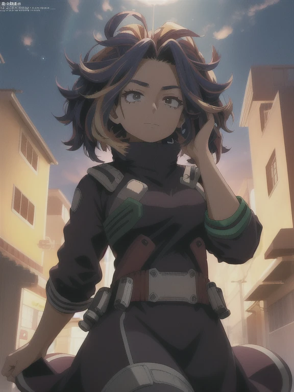 scan, (Fondo de pantalla CG unity 8k extremadamente detallado:1.1), high resolution, (1 chica), Mrs. Nagant, boku no hero academia, (cabello purpura), (pelo multicolor), (ojos morados), vestido negro, sin mangas, senos, belt,aiming, dinamic pose