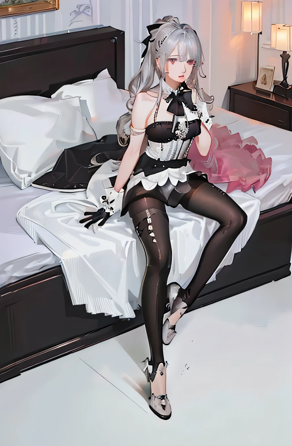(((1 girl)),Ray Tracing,(Dim lighting),[Detailed Background (Bedroom)),((Silver Hair)),((Silver Hair)),(Fluffy Silver Hair, Plump and slender girl)) Raised ponytail)))) Avoid blonde eyes in the ominous Bedroom ((((Girls、She wears intricately embroidered black high-waisted pants and pantyhose.。) White frilly ribbon gloves), Showing off a delicate, slim figure and graceful curves, Correct limbs, Sitting on the bed、8K、Perfect female body、Red line clothes、8K、High quality、Naughty fashion、Big Breasts、Eros、Lingerie、Pink outfit、bikini