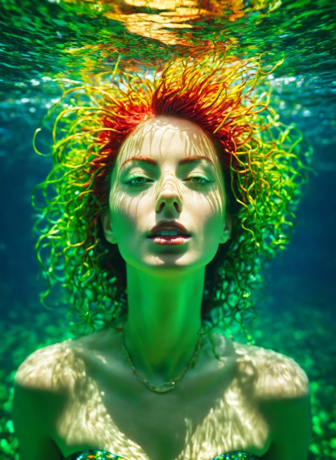 Frontal portrait of an exuberant and colorful woman who resembles an aquatic creature with few scales. Fair skin, young features, wide-open eyes and delicate freckles on the nose and cheeks. Vibrant, gravity-defying hair in shades of gold, green and red. Her hair transforms into aquatic flora, creating an underwater illusion. Small particles floating around the head contribute to the surreal theme of mysterious contemplation. professional color grading, soft shadows, no contrast, clean and sharp focus, –q 2 –s 750 film photography; in the style of Andrew Atroshenko, Peter Gric, in neon colors, official art, best quality, highly detailed, dynamic, shiny, metallic, energy waves, explosions, lights.” dimensional light, completely symmetrical, lutens twill, in neon colors.”