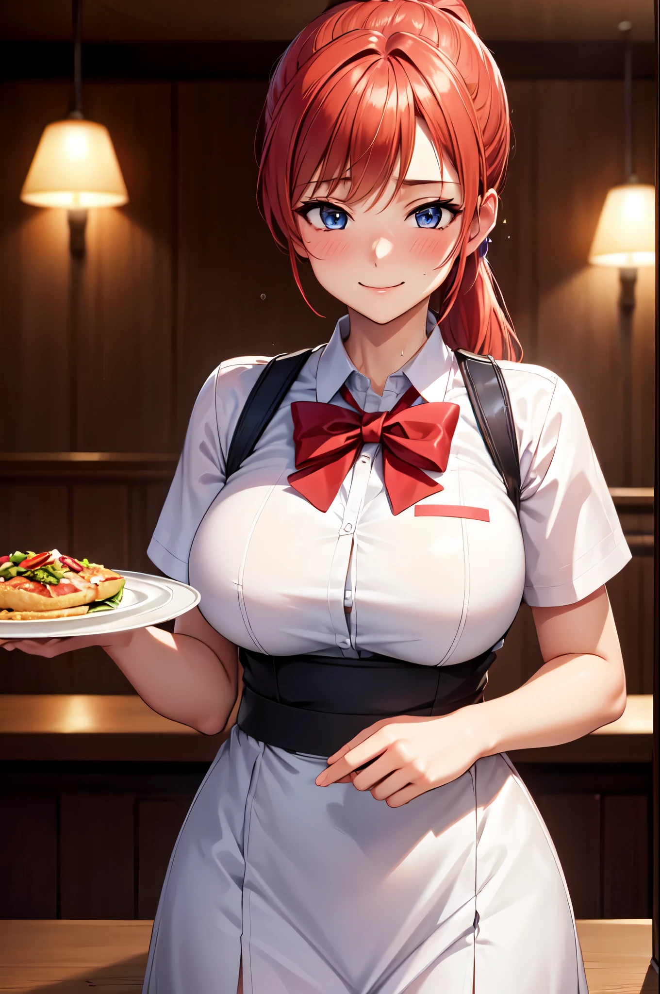 (High quality, High resolution, Fine details), restaurant, waitress, dressed in uniform, holding a tray, solo, curvy women, long ponytail, light red hair, sparkling eyes, (Detailed eyes:1.2), smile, blush, Sweat, Oily skin, Soft tones, shallow depth of field, warm lighting, bokeh