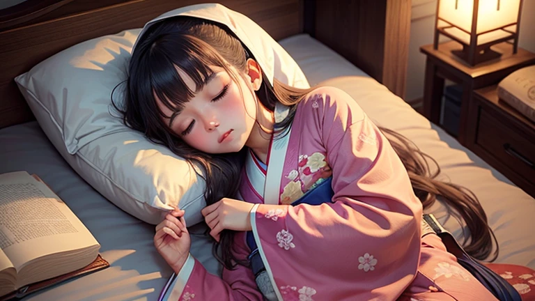 Sleeping Girl, 20 years old, Realistic,Wearing a kimono, Expressions of satisfaction and relief, Brown hair. Pink bed theme and some cute stuffed animals on the bed,An ultra-high picture quality,high-detail,