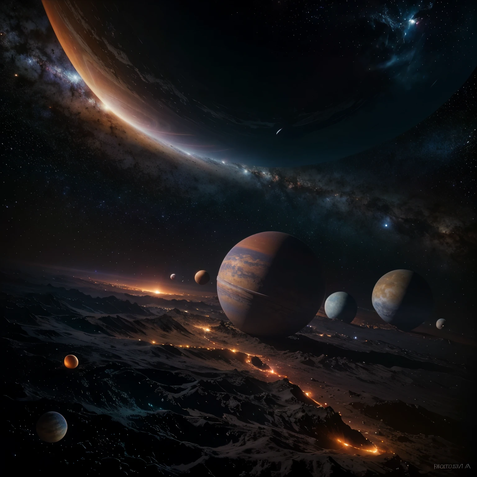 Best quality, masterpiece: 1.1, FusionArt: 0.9, Ultra-high resolution: 1.3, (fotografia realista: 1.4), A breathtaking image of the solar system, with outer space's vastness juxtaposed against the intricacies of planets and stars. Sombrio: 0.6, The somber hues of deep space contrasting the vibrant colors of nebulae and planets. Detailed textures of celestial bodies, high contrast lighting, photorealistic representation, a true visual masterpiece.
Note: I assumed "sombrio" referred to a mood or tone,
