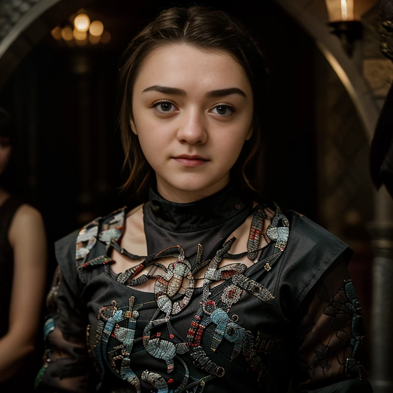 Masterpiece, best quality, detailed face, Arya Stark, sexy dress, in a medieval room, looking at viewer, sexy smirk face