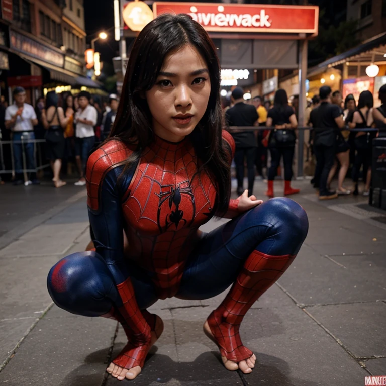 Asiatique sexy en Cosplay spiderman position jambe ouverte et position sexuelle 