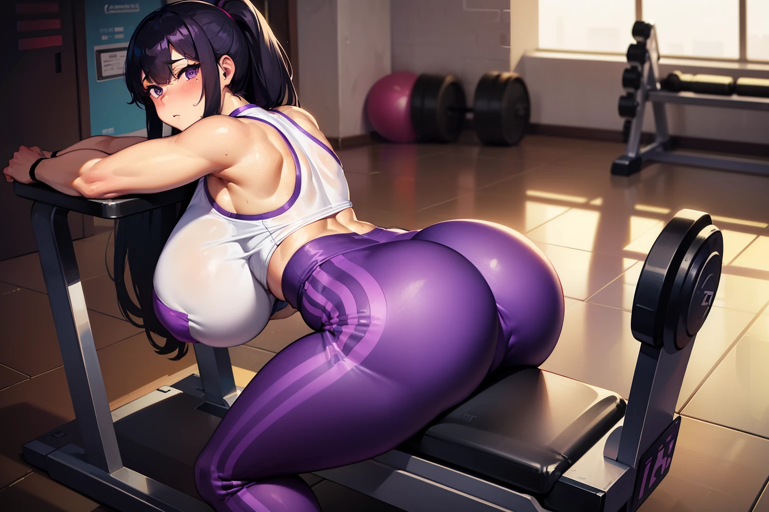 masterpiece), best quality, purple, expressive eyes, , purple perfect face, gym, workout, hot, sweating, sweaty, tan, big , tan skin, flustered, purple, purple clothes, blush, purple gym clothes, inside gym, see thru, exercise machines , sitting on exercise machines , yoga pants, black hair, backview , curvy woman , black hair, purple eyes ,, exercise ball , sitting on exerciseachine, exercise machines purple pants ponytail, purple ,purple clothes, purple pants, curvy woman, curvy, exercise machines , massive breasts, massive ass, curvy milf, inside gym, one woman, feet, socks, sitting, white socks, wearing white socks, exercise machines , sitting on exercise machines , lifting, lifting weights , sfw