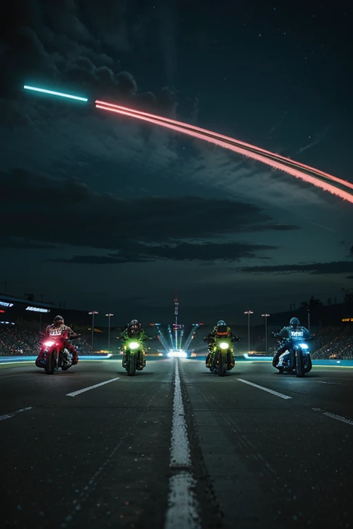 a track of motorcycles competing against each other, futurista con muchas luces neon y un fondo negro, visto desde una perspectiva donde se note cada uno de los jugadores, that each one is distinguished and that it is based on the movie TRON