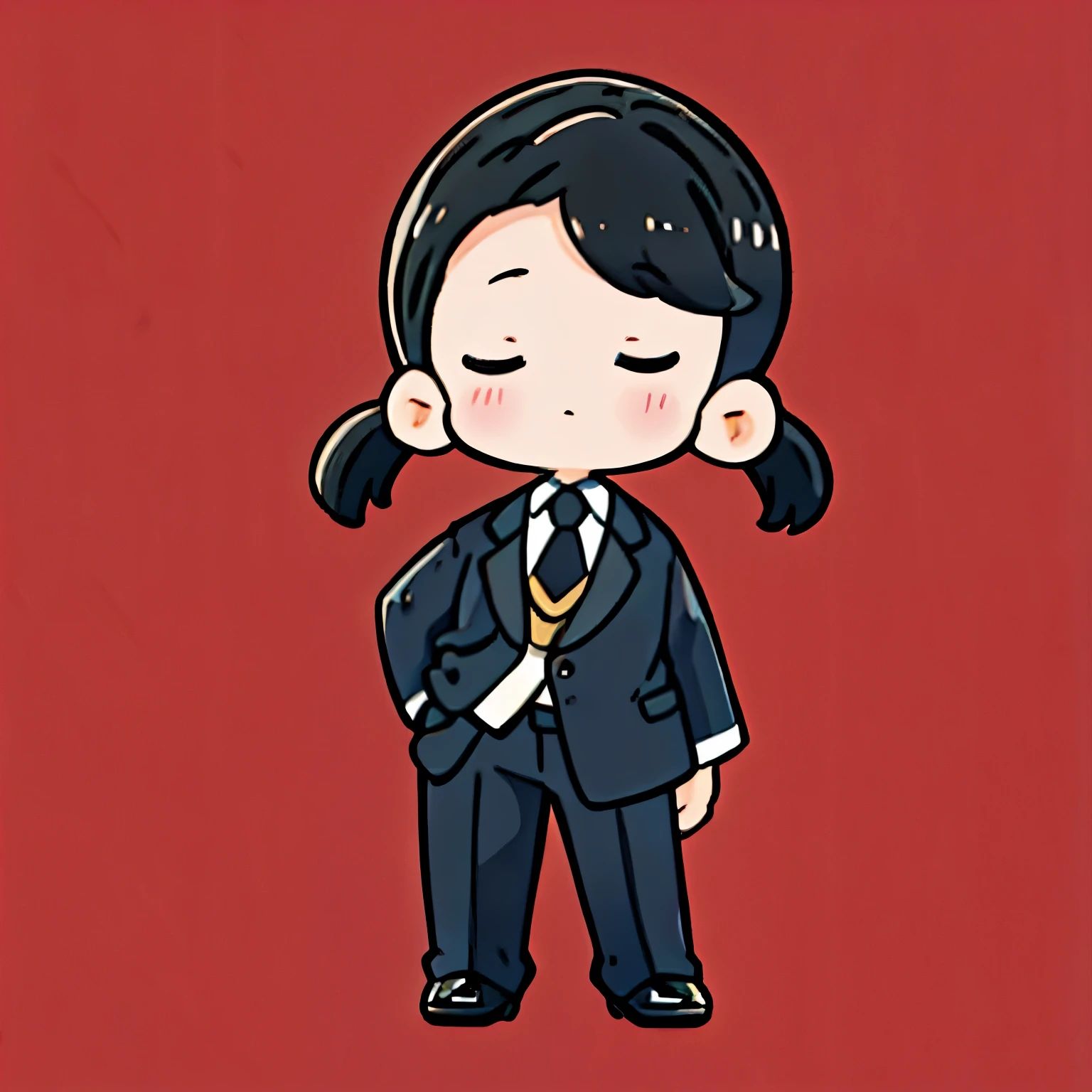 alone,nozoLittle, (Little:1.4), Simple Background, whole body, Are standing, Both eyes closed, Black Hair, Black business suit